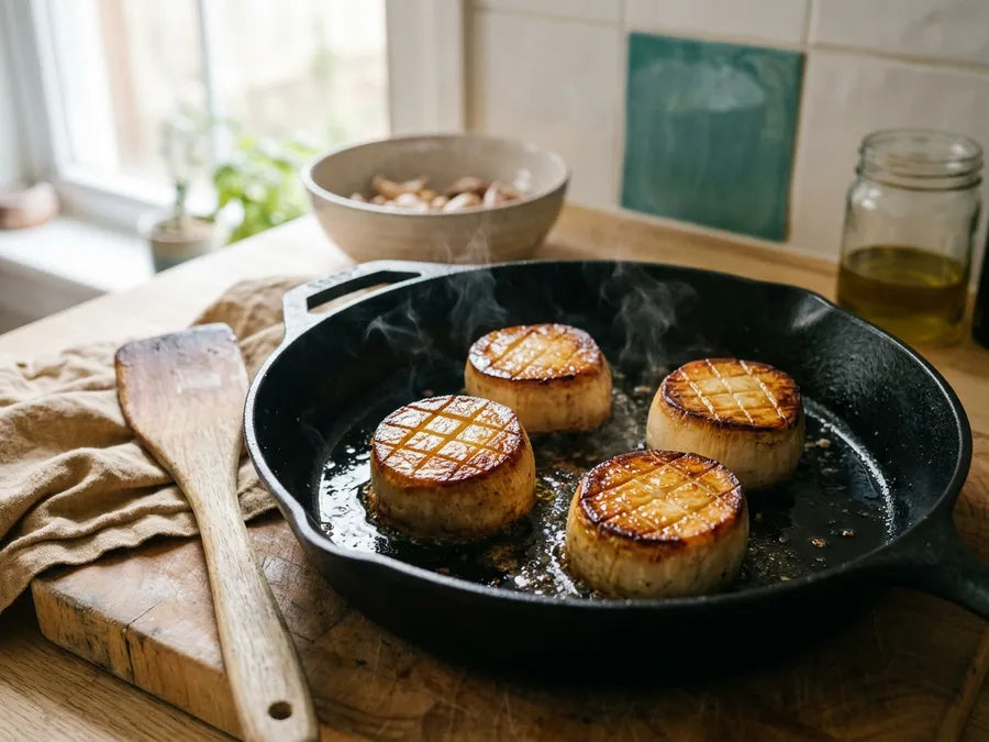 King oyster mushroom slices searing in a cast iron pan