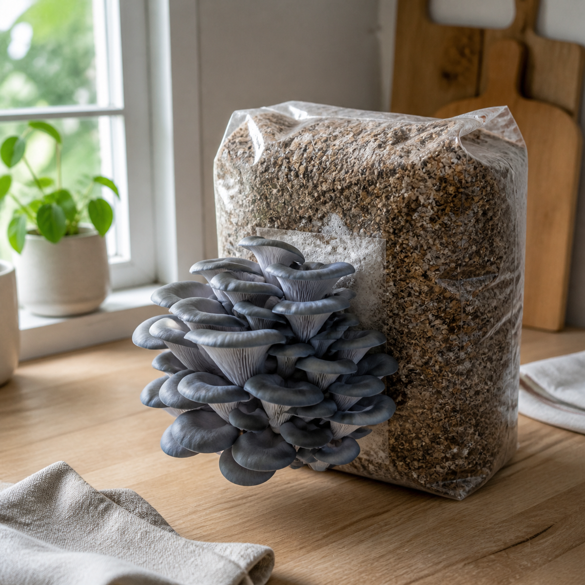 Blue oyster mushrooms fruiting from a grow bag beside a kitchen window