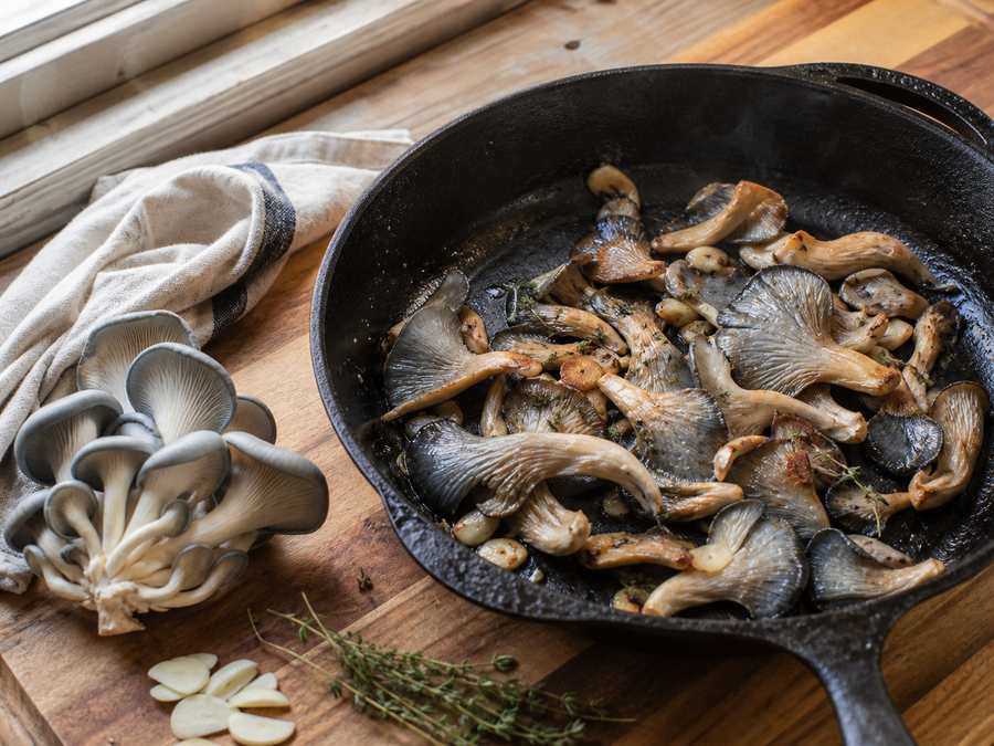 Fresh oyster mushrooms cooking in a cast iron pan