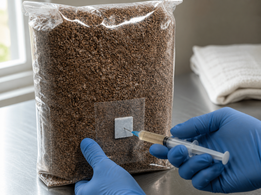 A liquid culture syringe inoculating a mushroom grow bag