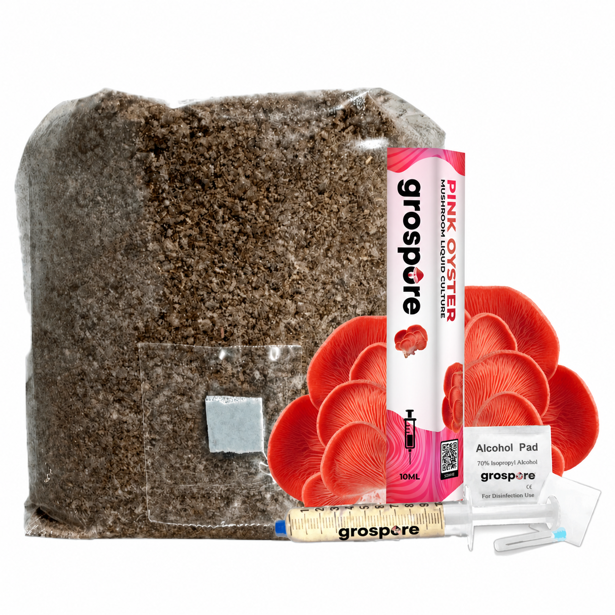 GroSpore Pink Oyster complete mushroom grow kit with substrate bag and liquid culture