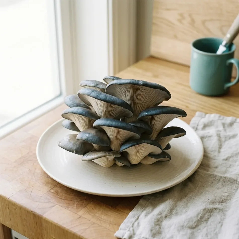 A cluster of freshly harvested blue oyster mushrooms on a ceramic plate by a kitchen window