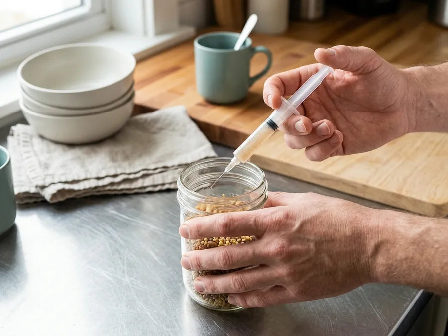 Hands inoculating a jar of sterile grain with a liquid culture syringe