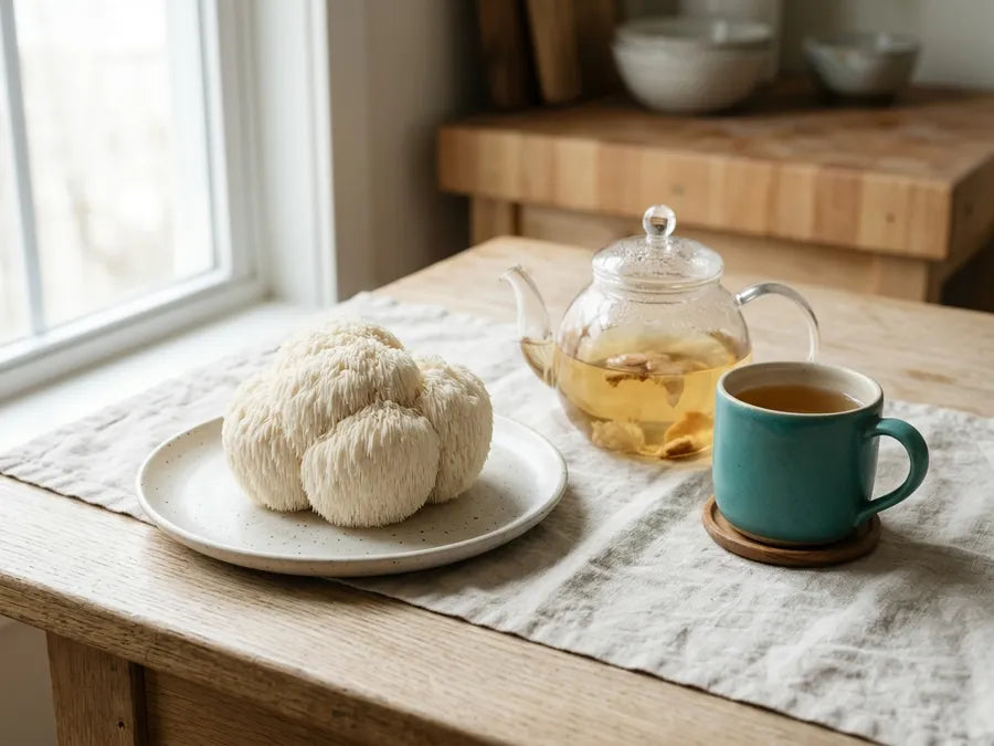 A whole lion's mane mushroom beside a cup of tea
